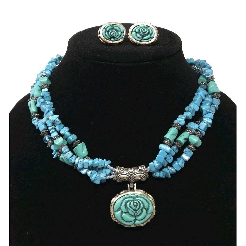MX Michael Morrison Turquoise Strand Rose Pendant Necklace Clip Earring Set